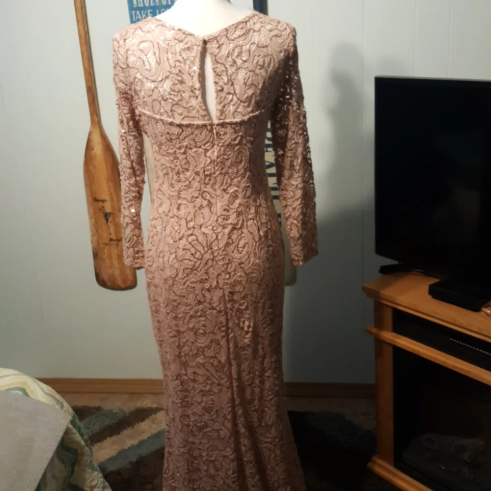 Marina Sequin Evening Gown Blush Champagne Formal Dress Long Sleeve Maxi Medium